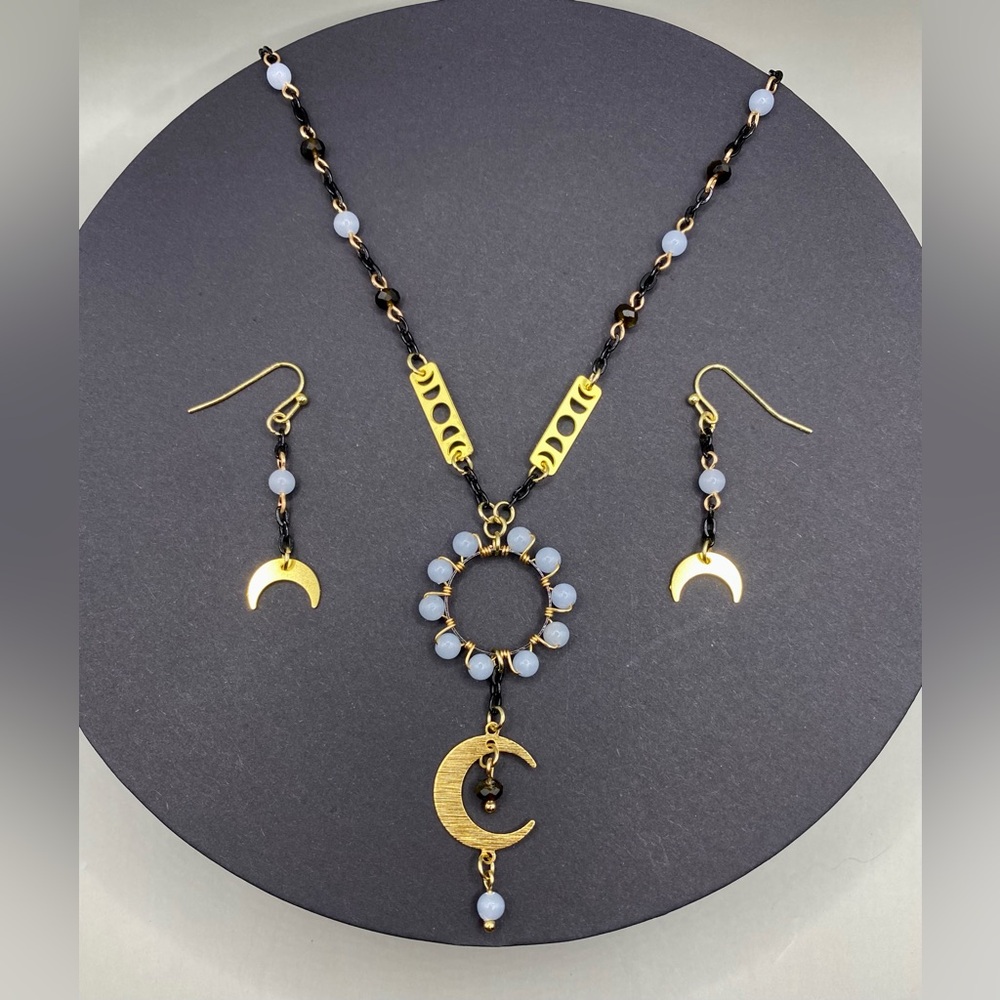 🌚🌛Angelite Golden Obsidian Moon Phases Necklace Earring Set